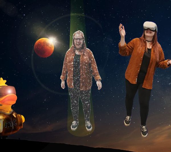 Eine junge Frau in einer virtuellen Welt und eine Quietsche-Ente mit VR-Brille