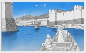 Zeichnung: Ein Boot vor der Stadtmauer Babylons