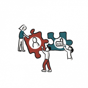 Match_Fuehrungsschulung-AP8-tinified Eine Zecihnung von drei Menschen, die übergroße Puzzleteile zusammenfügen.