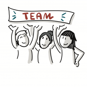 Team_AP7-Fobi-Teams-tinified Eine Zeichnung von drei Menschen in positiver Stimmung, sie halten gemeinsam ein Schild hoch, auf dem das Wort Team geschrieben steht.